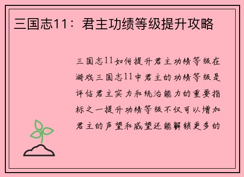 三国志11：君主功绩等级提升攻略